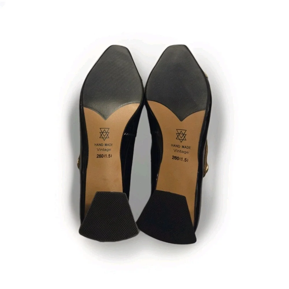 Handmade Vintage Mary Jane Heels Black Gold Cap Toe Patent Leather Size 9 /... - Picture 9 of 12